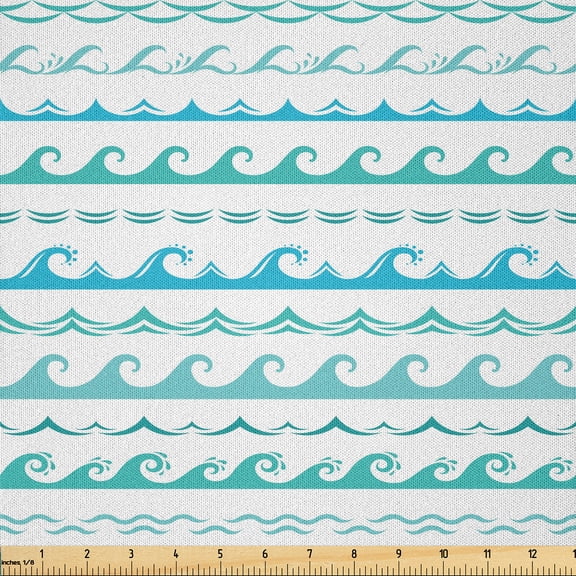 Ambesonne Blue Nautical Fabric by the Yard Microfiber, Sea Waves and Curves, 1 Yard, Dark Seafoam Blue