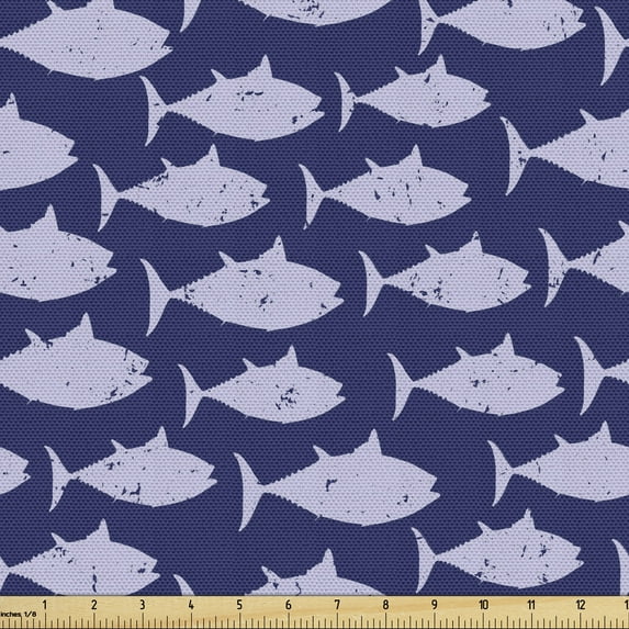 Ambesonne Blue Nautical Fabric by the Yard Upholstery, Monotone Fish Pattern, 5 Yards, Indigo and Pastel Purple