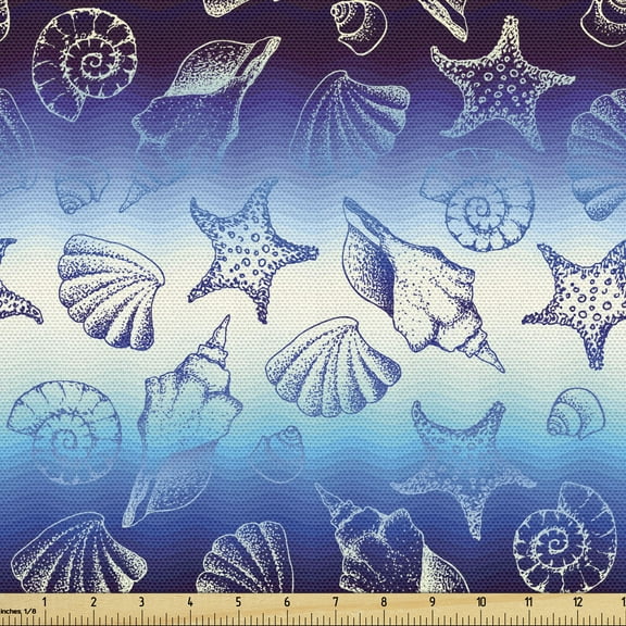 Ambesonne Blue Nautical Fabric by the Yard Upholstery, Starfish Seashells, 2 Yards, Dark Purple Blue Ivory