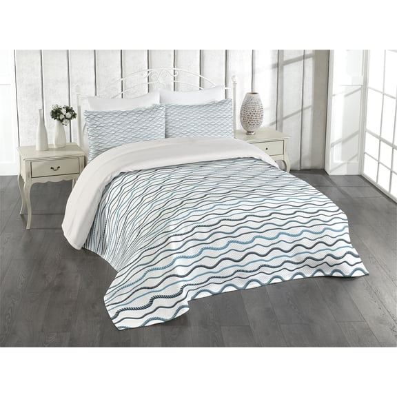 Ambesonne Blue Nautical Quilted Coverlet 3 Pcs, Horizontal Navy Shape, King Size, White Blue