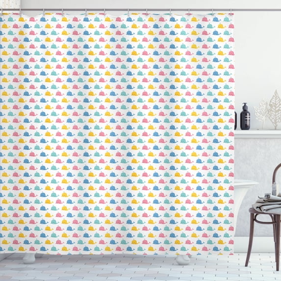 Ambesonne Blue Nautical Shower Curtain, Funny Colorful Whales, 69"Wx70"L, White Multicolor