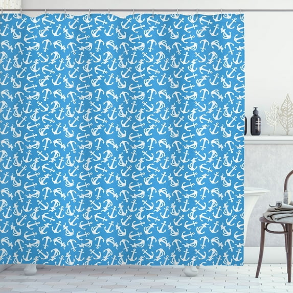 Ambesonne Blue Nautical Shower Curtain, Maritime Anchor Art, 69"Wx70"L, Sky Blue White