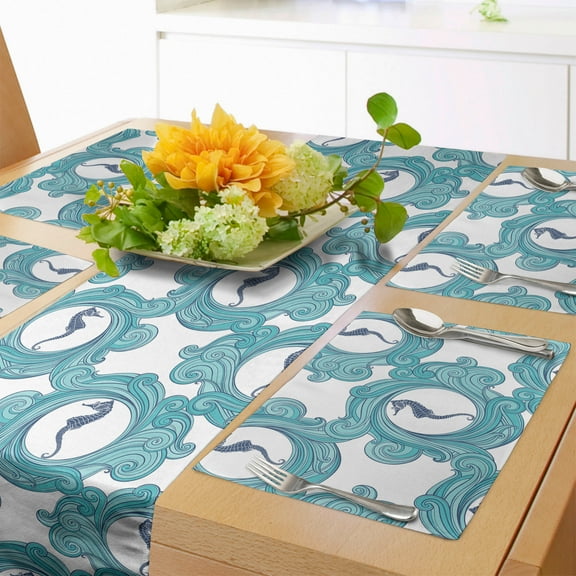 Ambesonne Blue Nautical Table Runner & Placemats, Seahorses on Rounds, Placemat 4 pcs + Runner 12"x72", Seafoam Dark Sky Blue