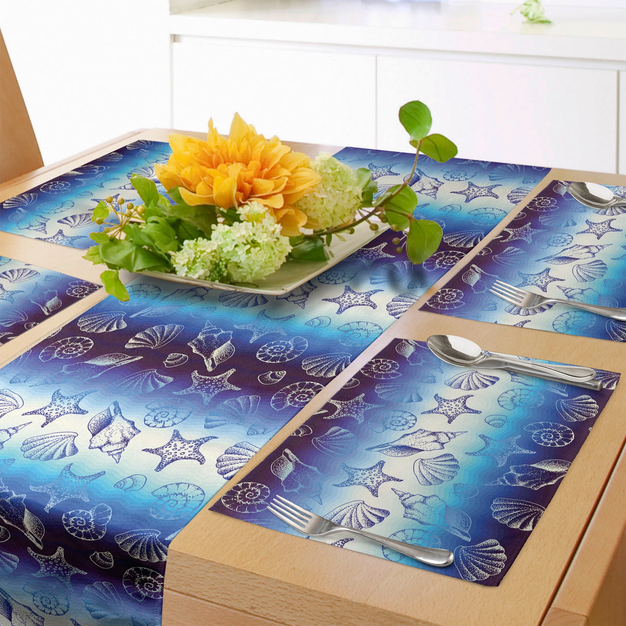 Ambesonne Starfish Place Mats Set of 4, Blue Starfish Among The 並行輸入品 Ambesonne Blue Nautical Table Runner \u0026 Placemats, Starfish