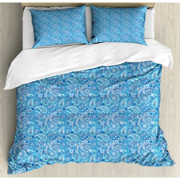 Ambesonne Blue Paisley Duvet Cover Set, Blue Tones Boteh Art, 2-Calking, Sky Blue Pale Blue