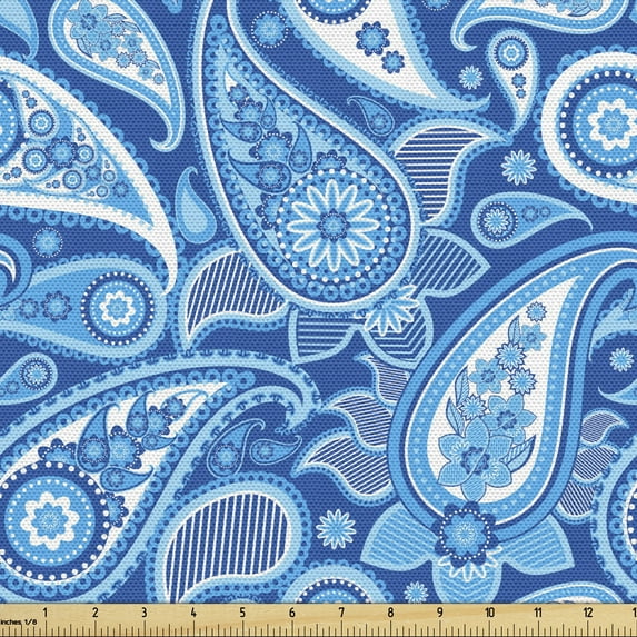 Ambesonne Blue Paisley Fabric by the Yard Upholstery, Buta Effect Motifs, 3 Yards, Cobalt Blue and Sky Blue