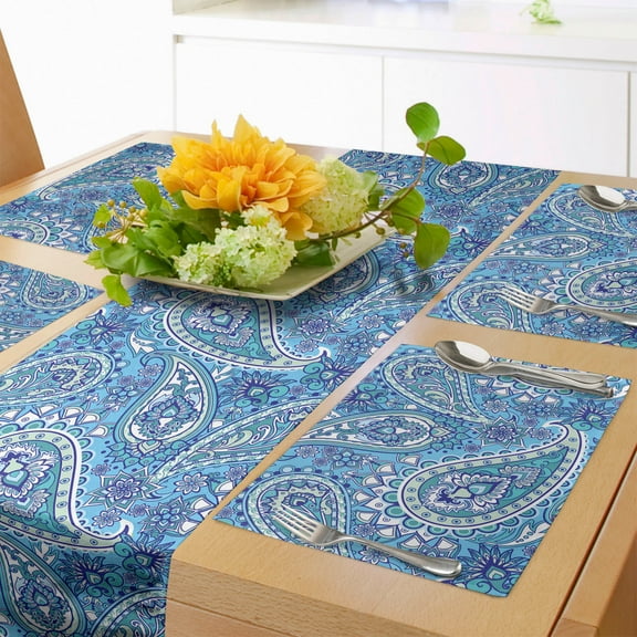 Ambesonne Blue Paisley Table Runner & Placemats, Ethnical Flowers Art, Placemat 4 pcs + Runner 12"x72", Sky Blue and White