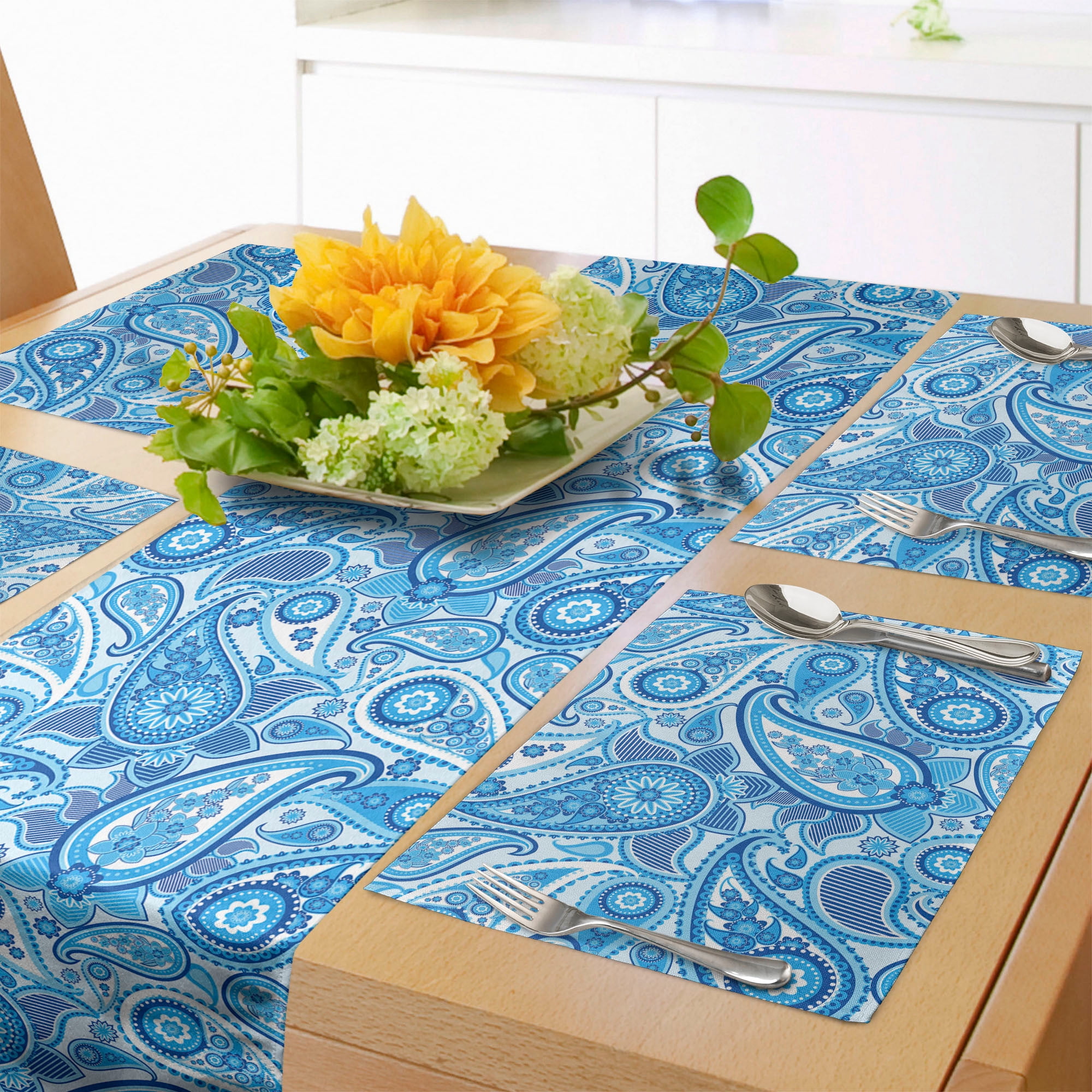 Ambesonne Blue Paisley Table Runner & Placemats, Rhythmic Buta Elements ...