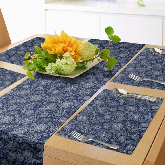 Ambesonne Blue Paisley Table Runner & Placemats, Sketch Style Motifs, Placemat 4 pcs + Runner 16"x90", Indigo and White