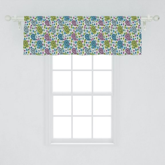 Ambesonne Blue Paisley Window Valance, Ethnic Motifs Colorful Sketch Motif Illustration on Plain Backdrop Print, Curtain Valance for Kitchen Bedroom Decor with Rod Pocket, 54" X 18", Multicolor