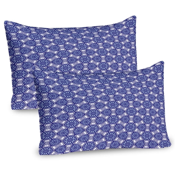 Ambesonne Blue Pillow Sham 2 Pack, Indigo Floral Geometric, 30"x20", Dark Blue Sky Blue