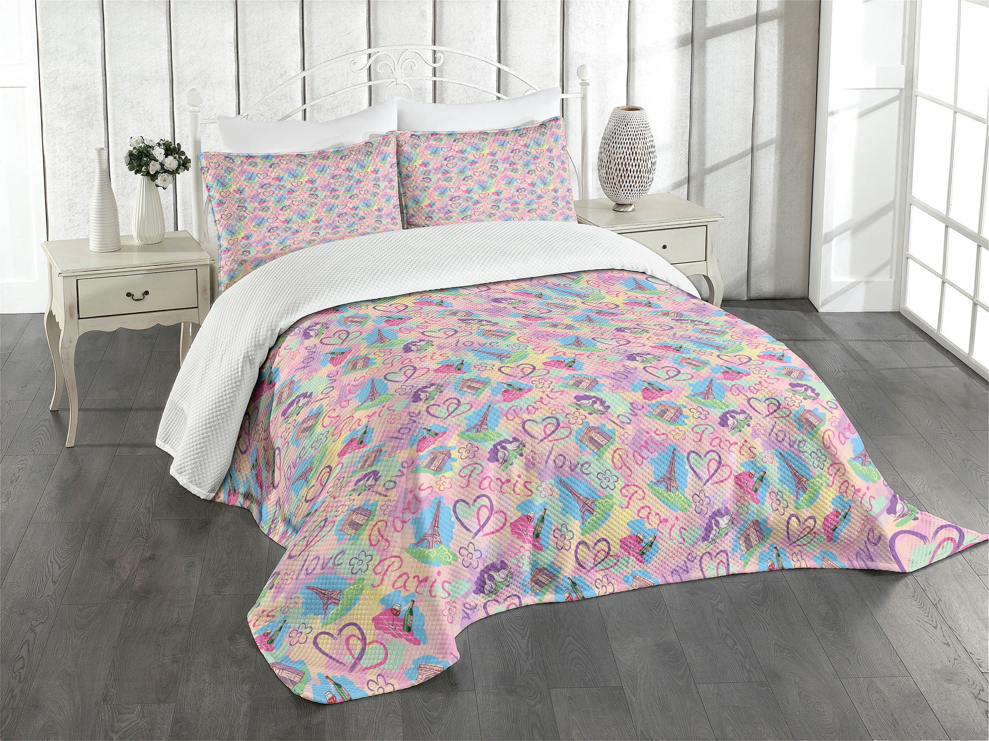 Queen Pink and Blue Quilted Bedspread Set with Pillow Shams