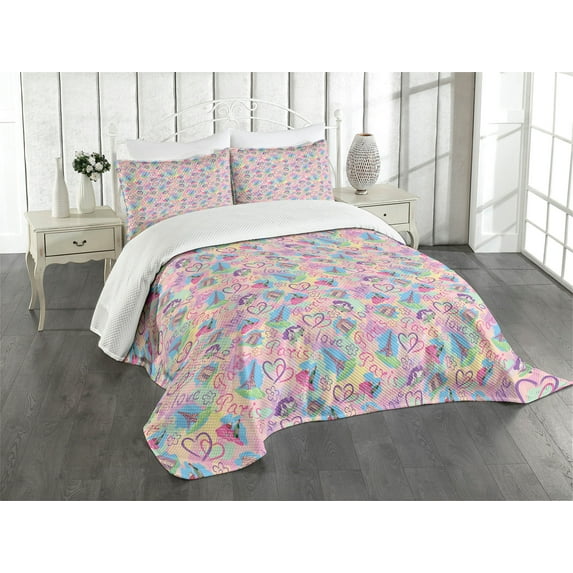 Ambesonne Blue Pink Quilted Bedspread Set 3 Pcs, Vintage Landmarks, Queen Size, Pale Pink and Pale Blue
