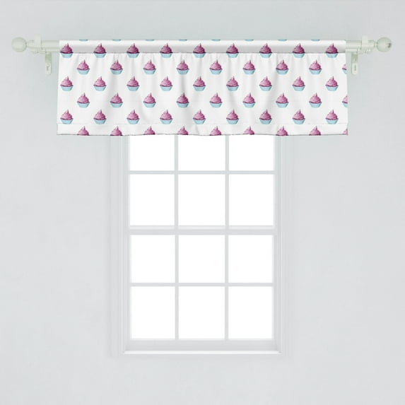 Ambesonne Blue and Pink Window Valance, Dessert Themed Cupcake Pattern on Plain Backdrop, Curtain Valance for Kitchen Bedroom Decor with Rod Pocket, 54" X 18", Baby Blue Pale Fuchsia