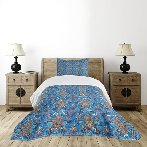 Ambesonne Blue Quilted Bedspread Set 2 Pcs, Abstract Floral Ornaments, Twin Size, Blue Orange Coral