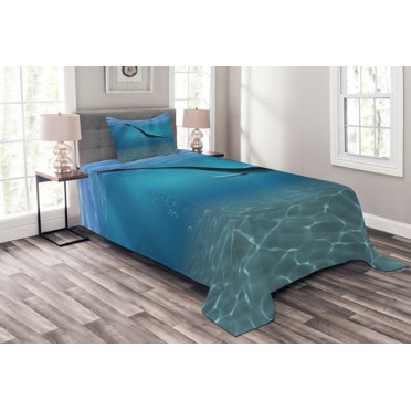 Ambesonne Blue Quilted Bedspread Set 2 Pcs, Aquatic Dinosaur, Twin Size, Blue