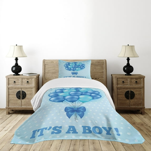 Ambesonne Blue Quilted Bedspread Set 2 Pcs, Balloons Nostalgic Party Art, Twin Size, Sky Blue