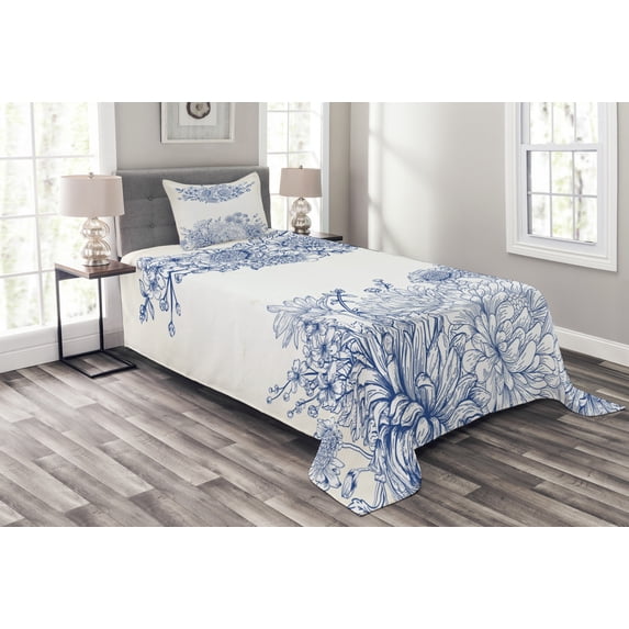 Ambesonne Blue Quilted Bedspread Set 2 Pcs, Bridal Bouquet Carnations, Twin Size, Blue White