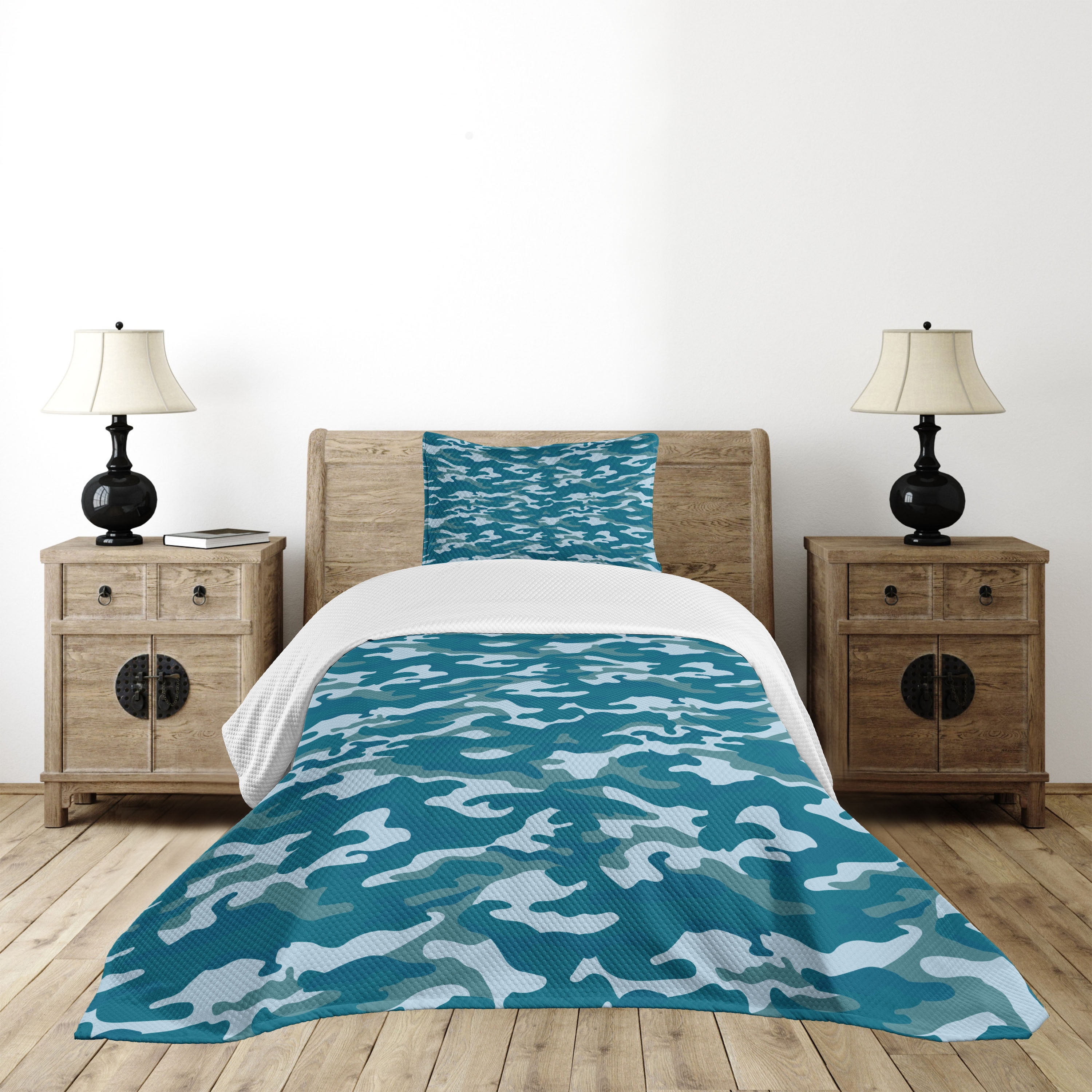 Twin Blue Camouflage Quilted Bedspread Set with Pillow Sham