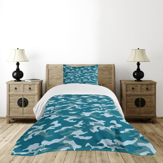 Ambesonne Blue Quilted Bedspread Set 2 Pcs, Camouflage Oceanic Colors, Twin Size, Slate Blue Pale Blue