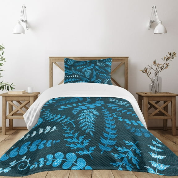 Ambesonne Blue Quilted Bedspread Set 2 Pcs, Floral Swirl Leaves Branch, Twin Size, Turquoise Pale Blue
