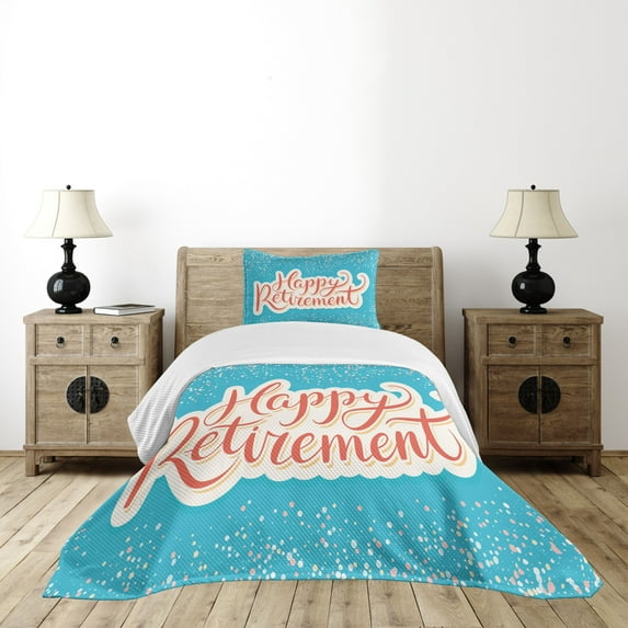 Ambesonne Blue Quilted Bedspread Set 2 Pcs, Happy Retirement, Twin Size, Coral White Sky Blue