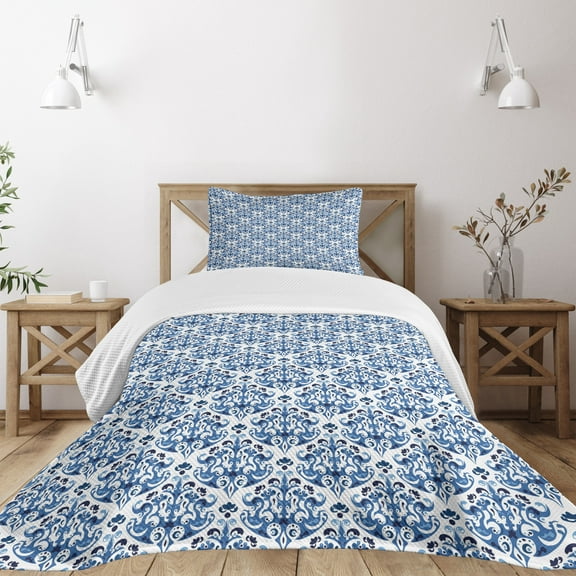Ambesonne Blue Quilted Bedspread Set 2 Pcs, Indigo Victorian Design, Twin Size, Petrol Blue Turquoise