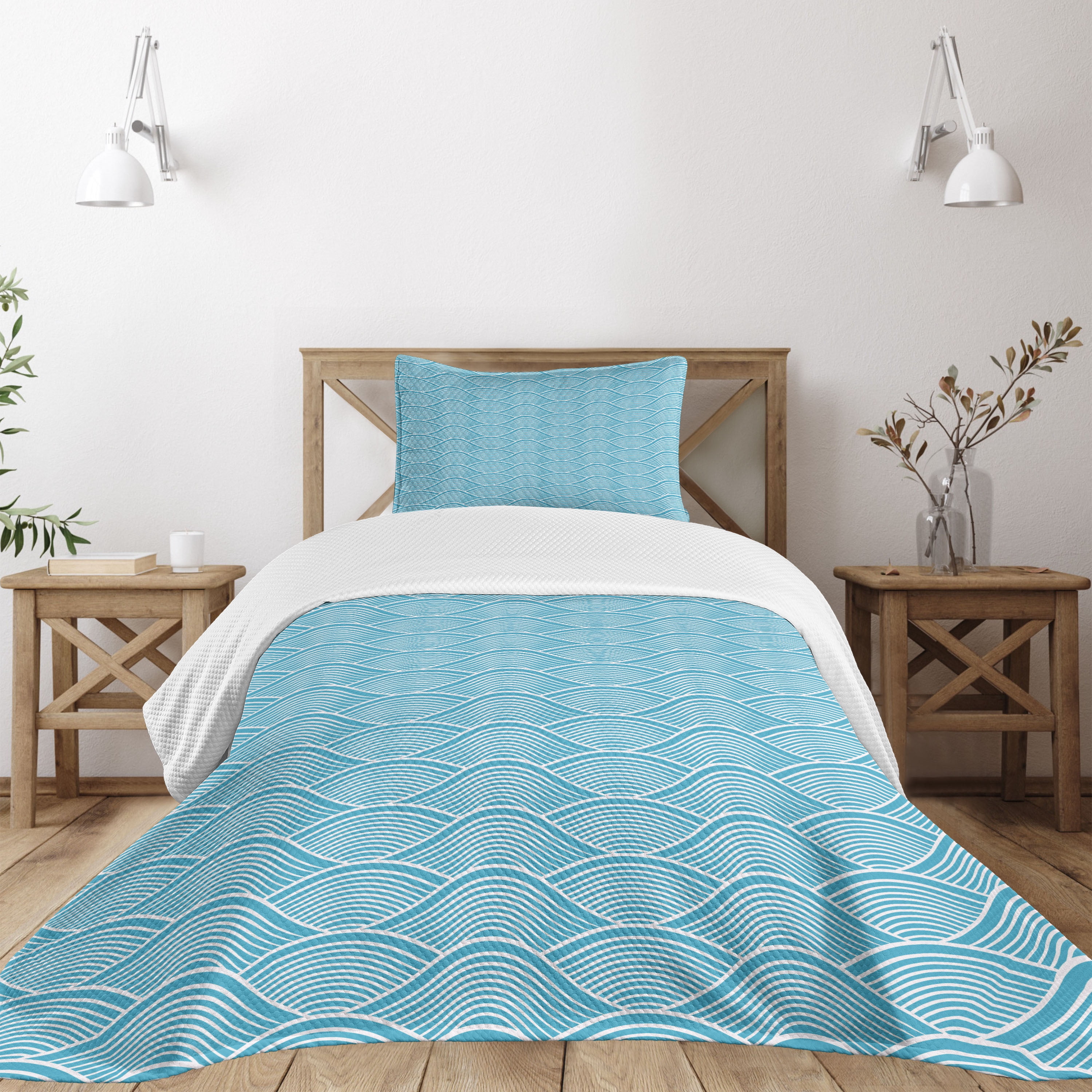 Sky Blue Quilted Twin Bedspread Set with Pillow Sham