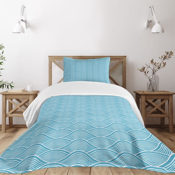 Ambesonne Blue Quilted Bedspread Set 2 Pcs, Japanese Ocean Sea Waves, Twin Size, Sky Blue White