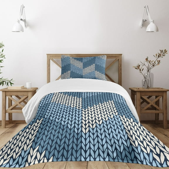 Ambesonne Blue Quilted Bedspread Set 2 Pcs, Nordic Scandinavian Retro, Twin Size, Pale Blue White