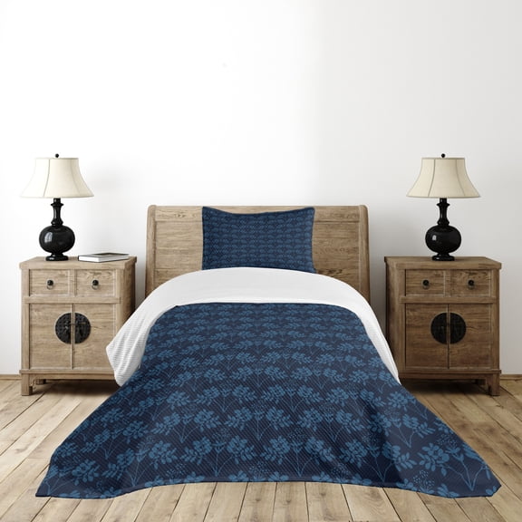 Ambesonne Blue Quilted Bedspread Set 2 Pcs, Ocean Inspired Flowers, Twin Size, Dark Blue Violet Blue