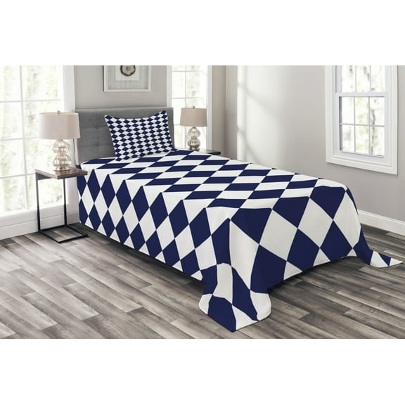 Ambesonne Blue Quilted Bedspread Set 2 Pcs, Old Home Tile Inspired, Twin Size, Navy Blue and White