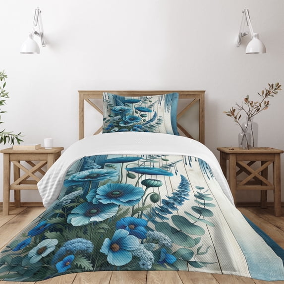 Ambesonne Blue Quilted Bedspread Set 2 Pcs, Poppy Flowers on Rustic Back, Twin Size, Dark Turquoise and Off White