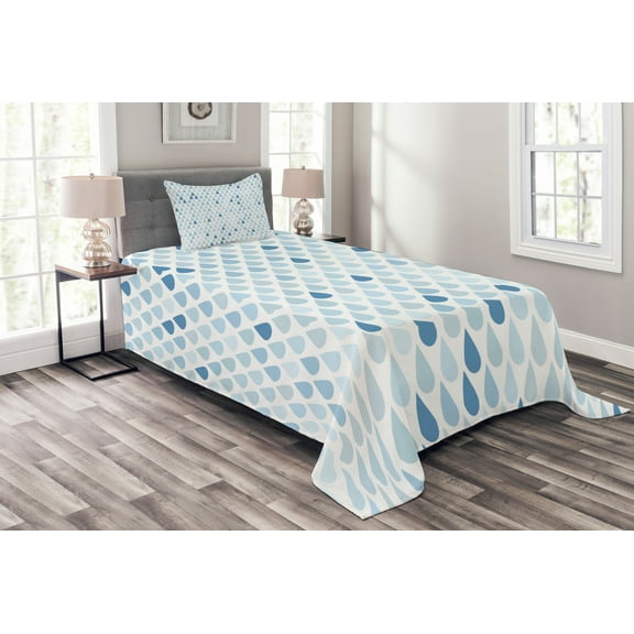 Ambesonne Blue Quilted Bedspread Set 2 Pcs, Raindrops White Navy, Twin Size, Pale Blue