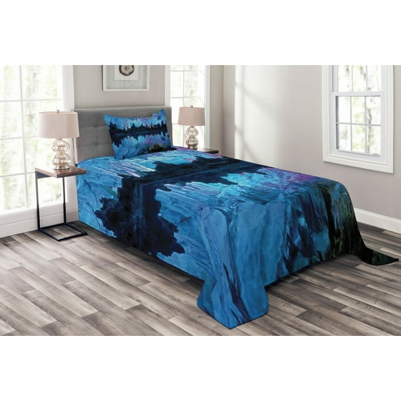 Ambesonne Blue Quilted Bedspread Set 2 Pcs, Reed Cistern Cave, Twin Size, Blue