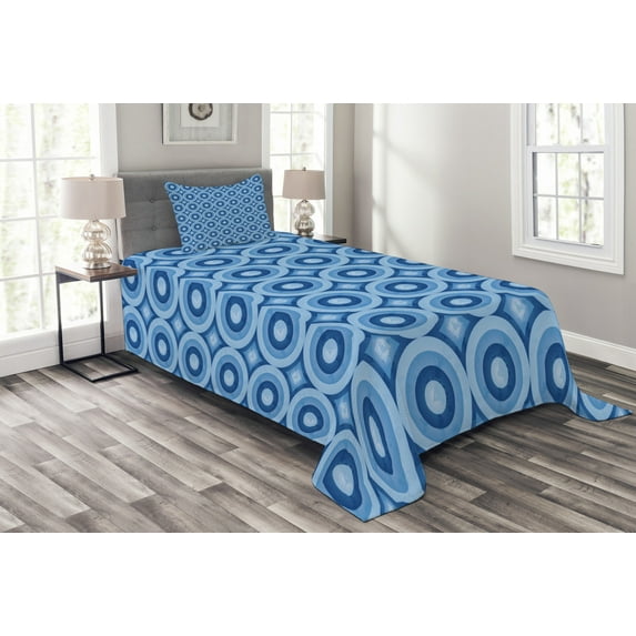Ambesonne Blue Quilted Bedspread Set 2 Pcs, Retro Pattern Revival Tile, Twin Size, Blue Pale Blue