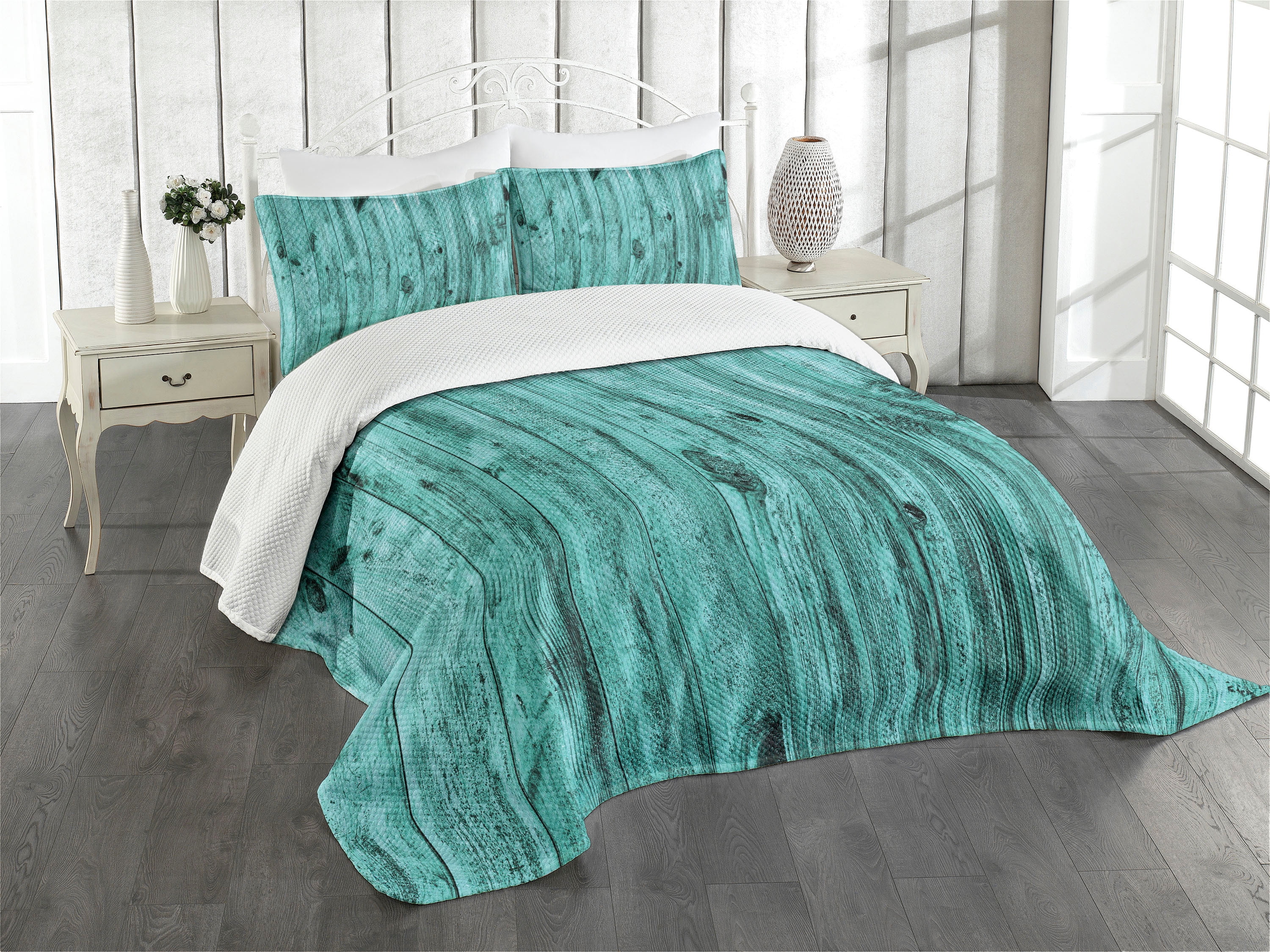Antique Timber Texture Blue Polyester Queen Bedspread Set