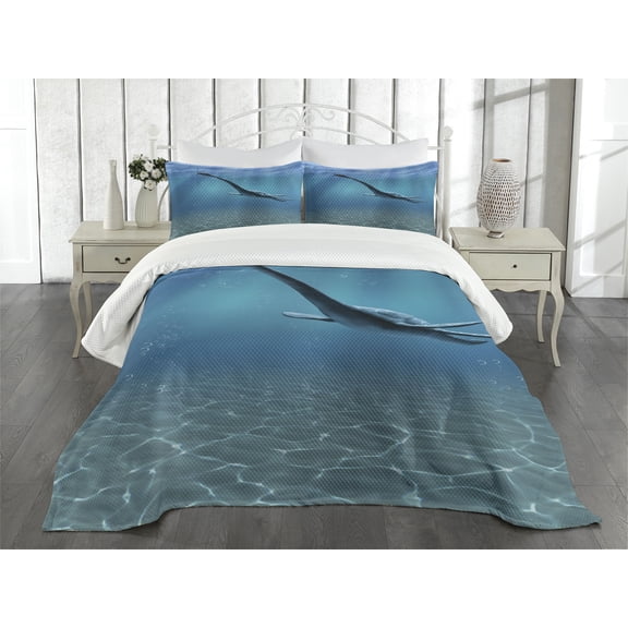 Ambesonne Blue Quilted Bedspread Set 3 Pcs, Aquatic Dinosaur, Queen Size, Blue