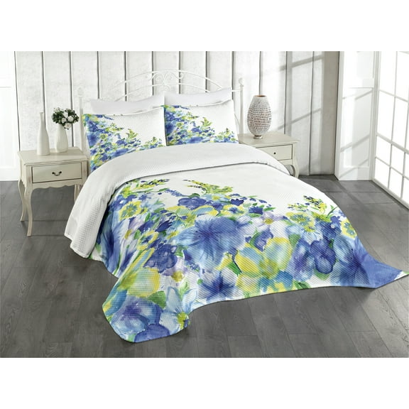 Ambesonne Blue Quilted Bedspread Set 3 Pcs, Bridal Leaves, Queen Size, Yellow Blue