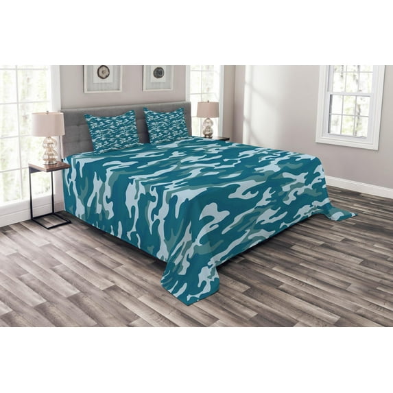 Ambesonne Blue Quilted Bedspread Set 3 Pcs, Camouflage Oceanic Colors, King Size, Slate Blue Pale Blue