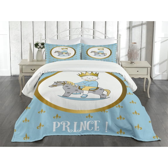 Ambesonne Blue Quilted Bedspread Set 3 Pcs, Cartoon Horse Fleur De Lis, King Size, Multicolor