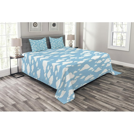 Ambesonne Blue Quilted Bedspread Set 3 Pcs, Clear Summer Sky Pattern, Queen Size, Sky Blue White