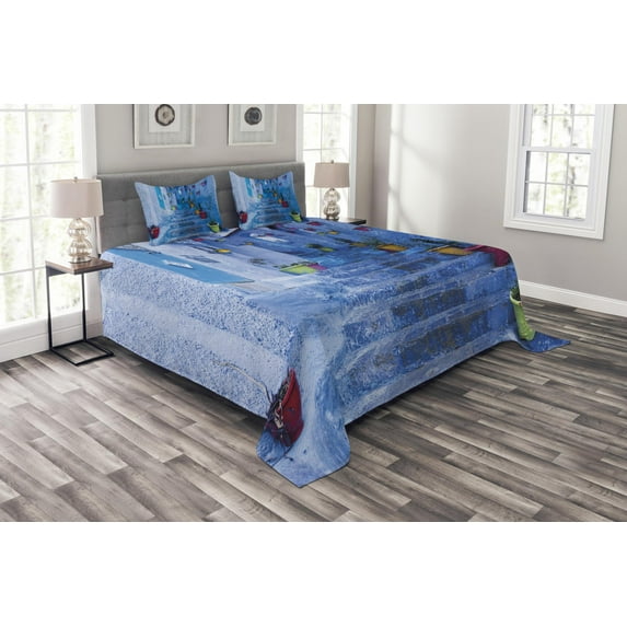 Ambesonne Blue Quilted Bedspread Set 3 Pcs, Colorful Flowers on Street, Queen Size, Multicolor