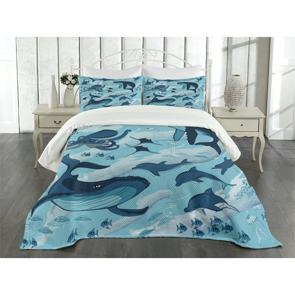 Ambesonne Blue Quilted Bedspread Set 3 Pcs, Dolphins Octopus Starfish, Queen Size, Blue