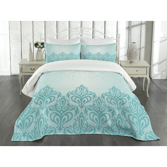 Ambesonne Blue Quilted Bedspread Set 3 Pcs, European Victorian Design, King Size, Blue