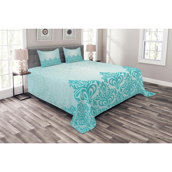 Ambesonne Blue Quilted Bedspread Set 3 Pcs, European Victorian Design, Queen Size, Blue