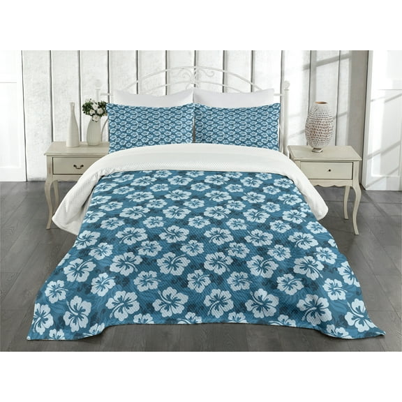 Ambesonne Blue Quilted Bedspread Set 3 Pcs, Exotic Hawaiian Hibiscus, King Size, Petrol Blue Pale Blue