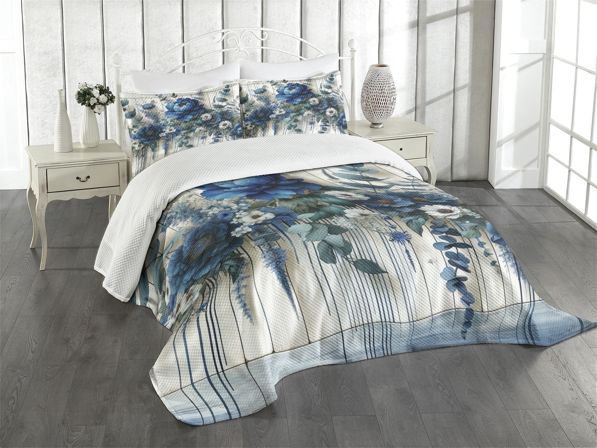 Ambesonne Blue Quilted Bedspread Set 3 Pcs, Floral Peony Daisy ...
