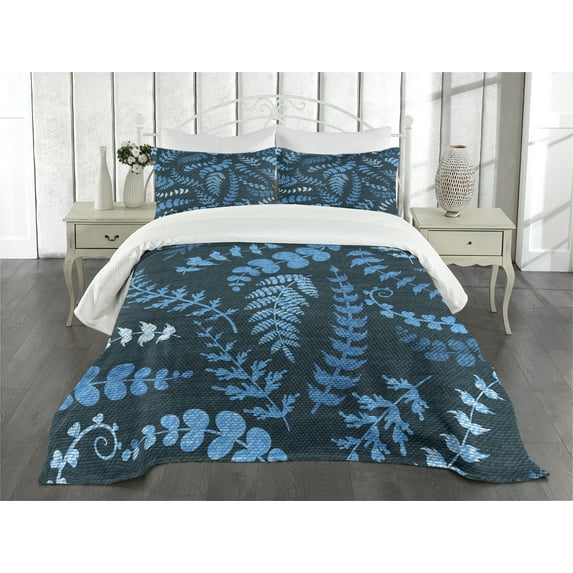 Ambesonne Blue Quilted Bedspread Set 3 Pcs, Floral Swirl Leaves Branch, King Size, Turquoise Pale Blue