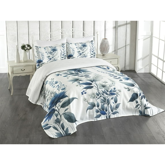 Ambesonne Blue Quilted Bedspread Set 3 Pcs, Flowers Berry Branches Leaves, King Size, Slate Blue and Sea Blue